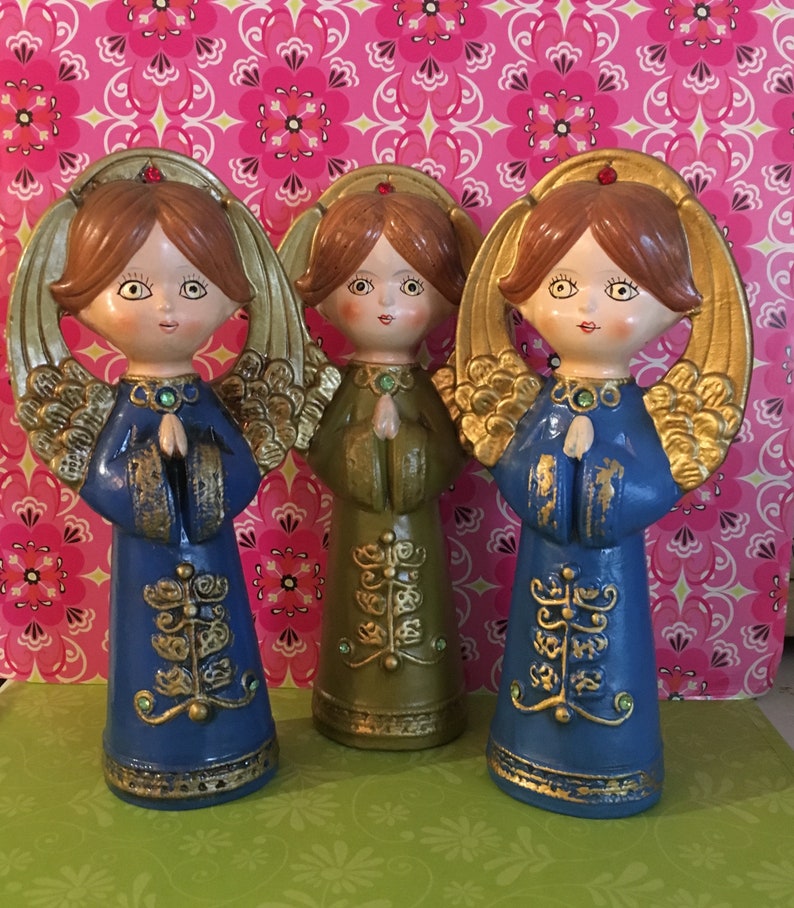 Retro Christmas Decor kitsch Vintage Ardco Angels Set of 3 Paper Mache Made in Japan