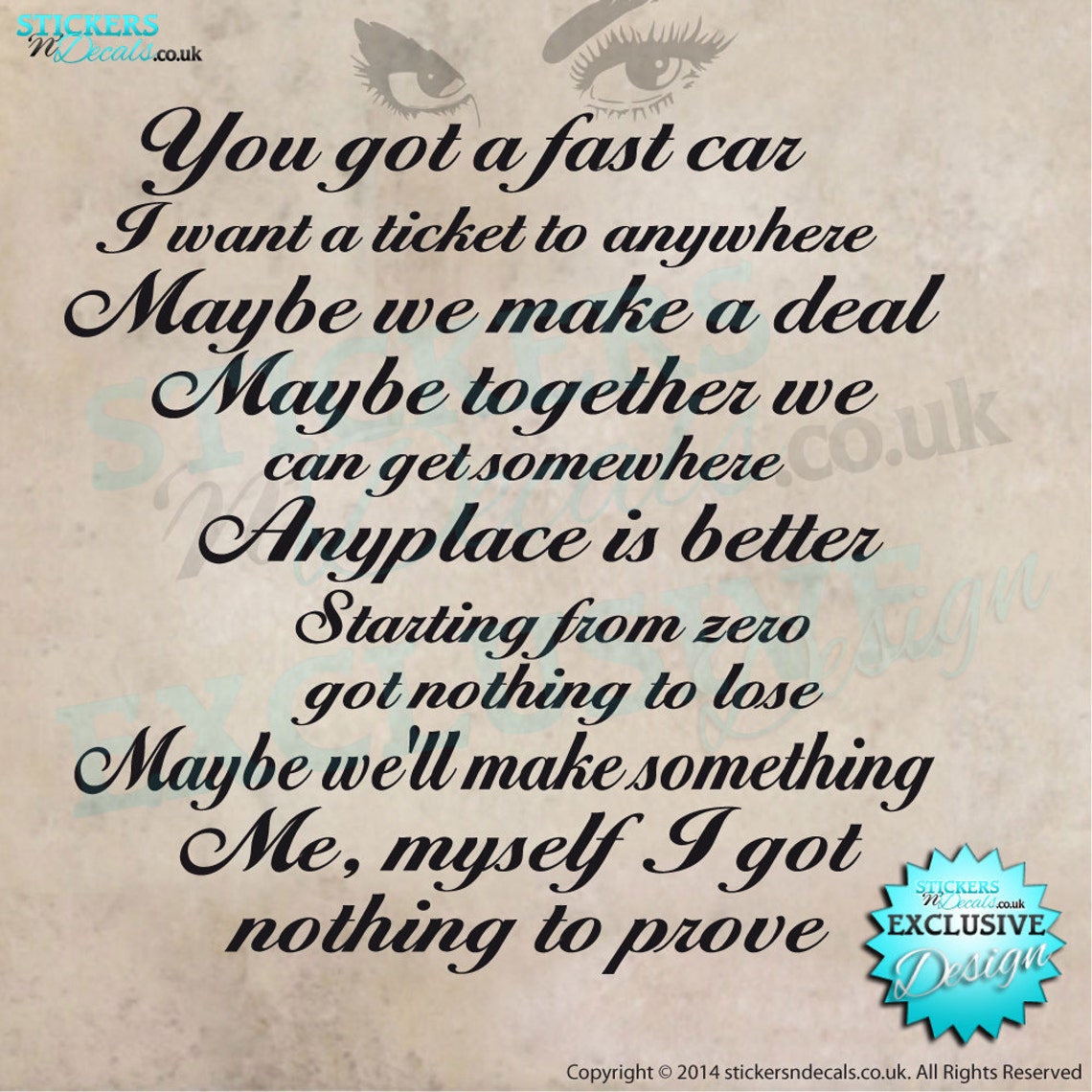 Tracy chapman fast car lyrics vinyl wall art wall decal etsy