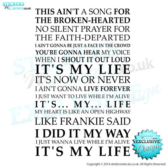 Bon Jovi Its My Life Lyrics Vinyl Wall Art Wall Decal Etsy