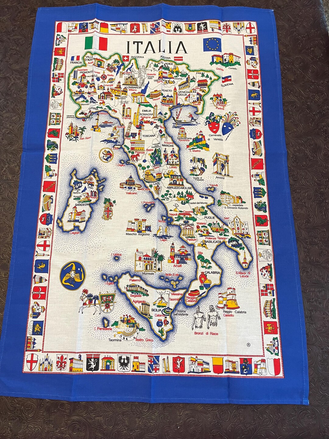 Vintage Cotton Map Of Italy Tea Towel Featuring Colorful Illustrations premium-ai-image-negroni-tag-card-cotton-fabric-italian-motifs-fabric