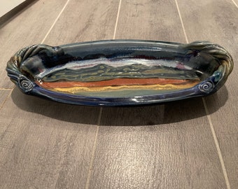 Handmade pottery (not made by me) beautiful colors on this oblong tray.