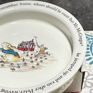 May include: White ceramic dish featuring a scene from a children's story. The illustration depicts a rabbit running from a man near a red greenhouse. Text around the rim reads, "cucumber frame, whom should he meet but Mr. McGregor! he jumped up and ran after Peter, waving."