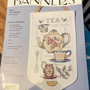 Banners cross stitch kit.  Tea pot, cup and tea.