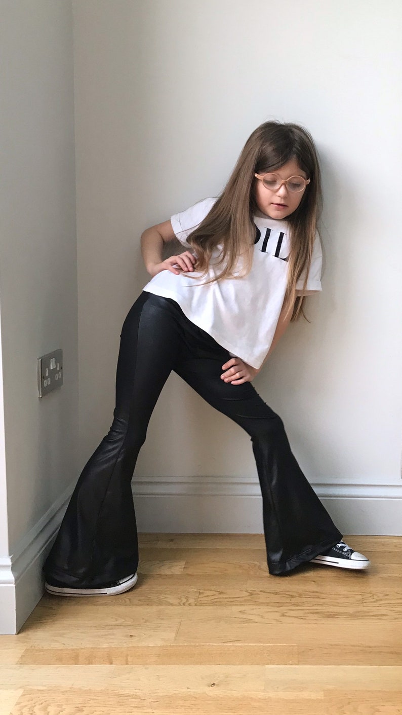 Bell bottoms / girls black wet look flare leggings / faux | Etsy