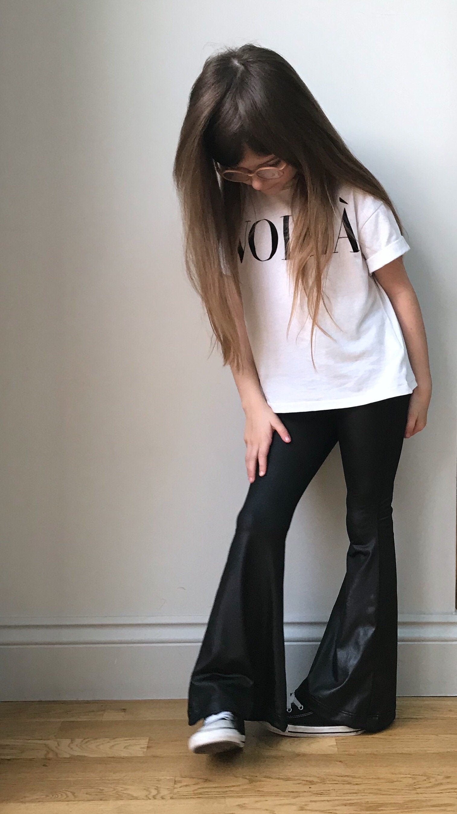 Bell Bottoms / Girls Black Wet Look Flare Leggings /baby Faux