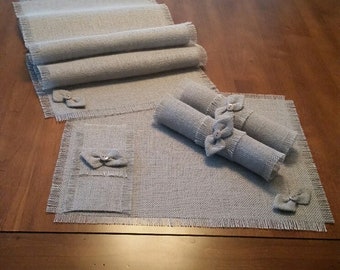 Burlap Light Gray Table Runners, Placemats, Silverware Holders, Napkin Rings or Napkins w/Handmade Bow-tie Accent (Quantities of 4 or 6)