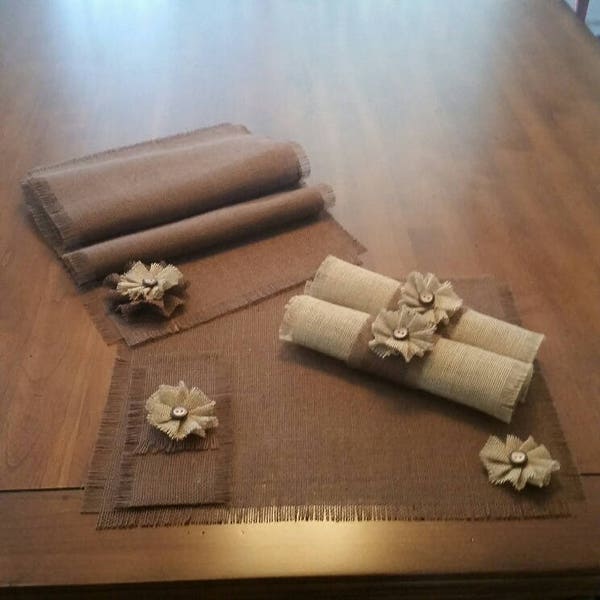 Burlap Rustic Brown Table Runners, Placemats, Silverware Holders, Napkin Rings & Decorative Napkins w/Flower Accent (Quantities of 4 or 6)