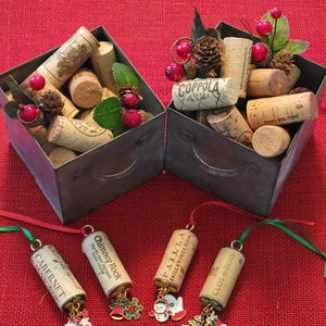 Christmas Holiday Recycled Wine Cork Ornaments (Set of 2) With Holiday Charms, Jewelry Beads and Ribbon Hangers in Red or Green