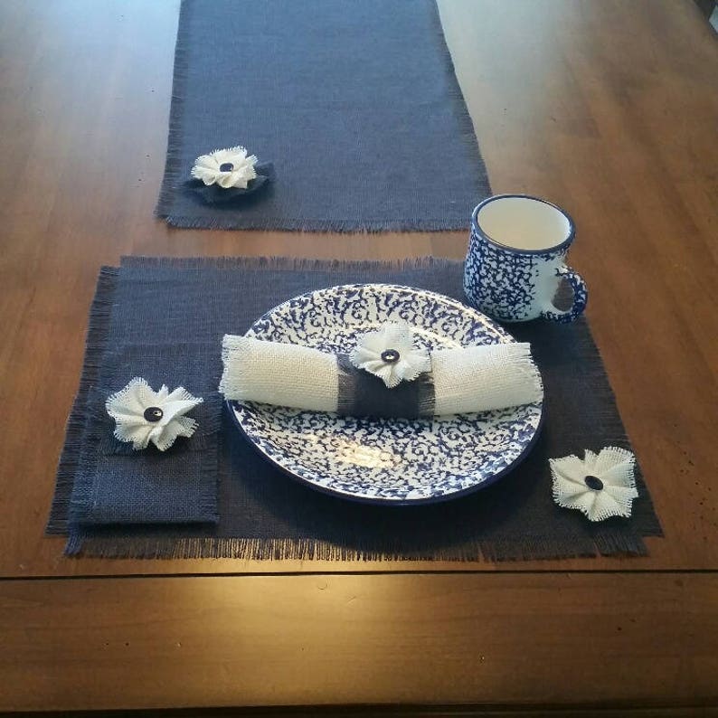 Burlap Navy Blue Table Runners Placemats Silverware Holders Etsy