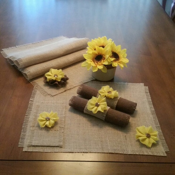 Burlap Sunflower Theme Table Runners, Placemats, Silverware Holders, Napkin Rings & Napkins w/Handmade Flower Accent (Quantities of 4 or 6)