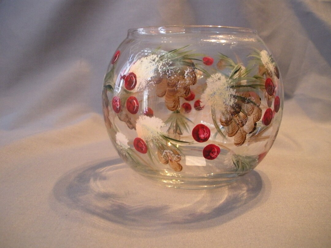 Small Glass Globe Candle Holder With Pine Cones and Berries Etsy