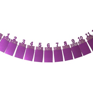 May include: Purple felt banner with 12 numbered tags, each with the word "months" printed on it. The banner is strung together with a white string.
