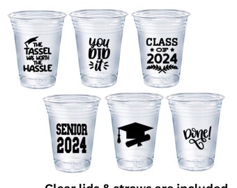 Class of 2024 | 16oz disposable party cups with lids and straw | Graduation Party Favors| Disposable Cup | Graduation Banner Class of 2024