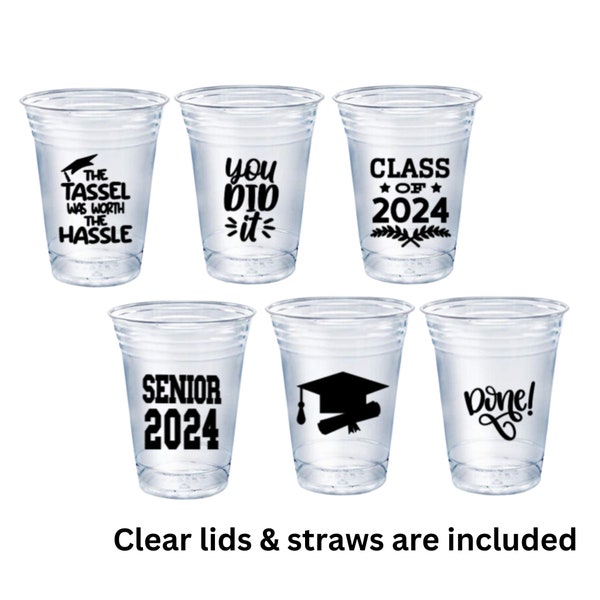 Class of 2024 | 16oz disposable party cups with lids and straw | Graduation Party Favors| Disposable Cup | Graduation Banner Class of 2024