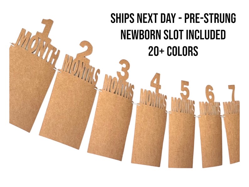 May include: A brown felt banner with numbers 1 through 7, each with the word "MONTHS" printed below. The banner is strung on a white string and includes a newborn slot. The text "SHIPS NEXT DAY - PRE-STRUNG NEWBORN SLOT INCLUDED 20+ COLORS" is printed above the banner.