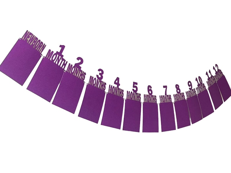 May include: Purple felt banner with 12 cards for a baby's monthly milestones. The cards are numbered 1 through 12 and say "months". The first card says "newborn".
