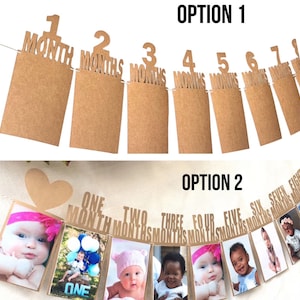 May include: A brown paper banner with the numbers 1 through 8 and the word "months" repeated. The banner is strung together with twine. There are two options for displaying the banner: one with blank spaces for photos and one with photos already inserted. The photos show a baby at different ages.