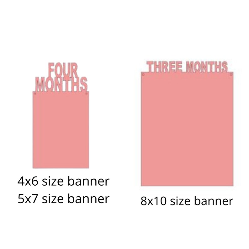 May include: Two pink banners with the text "FOUR MONTHS" and "THREE MONTHS" printed on them. The banner on the left is a 4x6 size banner and the banner on the right is an 8x10 size banner.