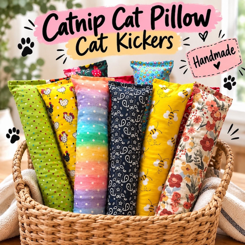 May include: A collection of rectangular catnip cat kicker pillows in a woven basket. The pillows feature various patterns including green polka dots, yellow chickens, rainbow gradients, black paisley, yellow bees, and red floral prints with text.