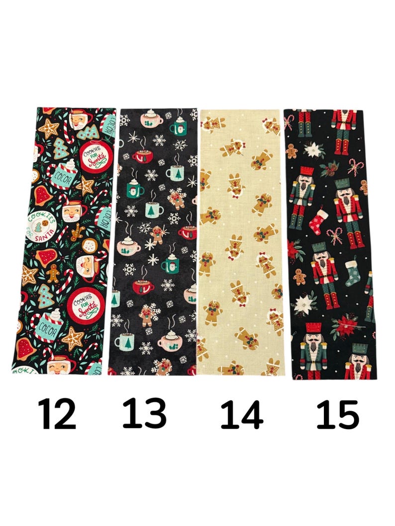 May include: Four rectangular fabric strips labeled 12 through 15. Strip 12 features holiday mugs and cookies on black. Strip 13 shows cocoa mugs and snowflakes on black. Strip 14 displays gingerbread men on beige. Strip 15 depicts nutcrackers on black.