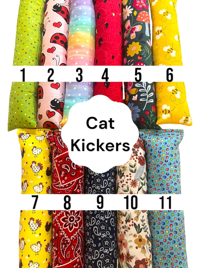 May include: Eleven rectangular fabric cat kickers arranged in two rows, labeled 1 through 11. Patterns include green dots, ladybugs with hearts, rainbow stripes, red watermelon seeds, floral garden, yellow bees, chickens, red and blue paisley, and dots.