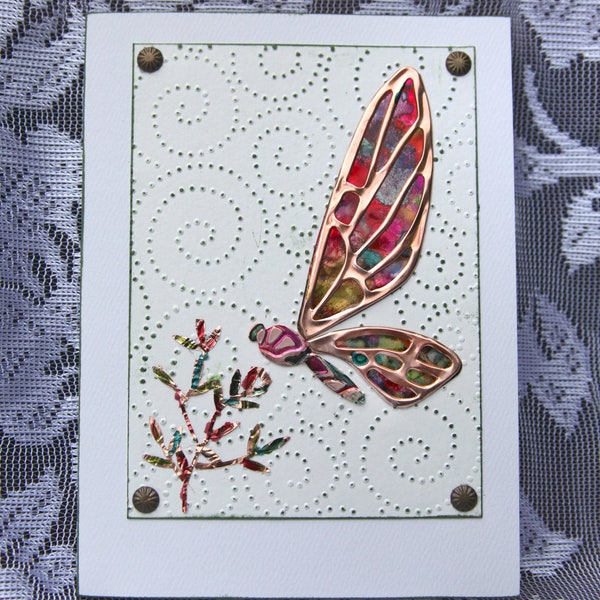 HANDMADE GREETING CARD, Birthday, Anniversary, Wedding, Love, Thinking of You, Butterfly, Papillon, Copper, Flowers, Unique, Mother's Day