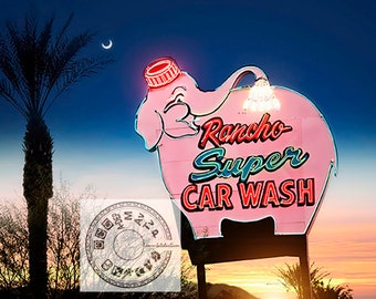 FINE ART PHOTOGRAPHY, Rancho Super Car Wash, Palm Springs, Elephant, Vintage Neon, Car Wash, Rancho Mirage, California, Deco, Signs, Unique