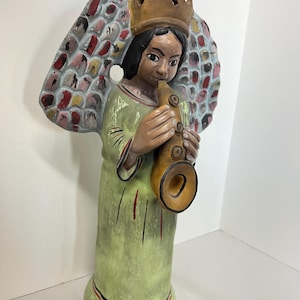 Vintage Mexican or Latin American Red Clay Folkart Music Angel Statue