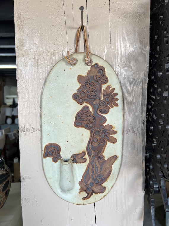 Studio Pottery Floral  Wall Pocket, Wall plaque, Signed Moffit
