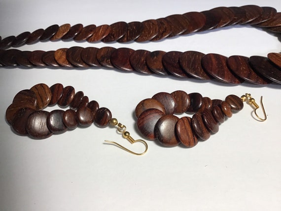 Mid century stacked wood necklace and matching ear