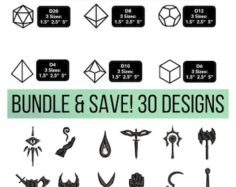 BUNDLE D&D Class Symbols + All Dice in 3 Sizes Embroidery File | Separate file for each design | Personalized gifts for him her they them