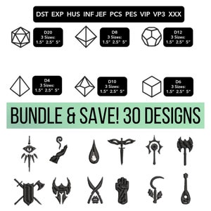 Könnte beinhalten: Ein Set mit 30 Stickmustern, die verschiedene Würfel und Fantasy-Symbole zeigen. Die Würfel sind in drei Größen erhältlich: 3,8 cm, 6,4 cm und 12,7 cm. Die Symbole umfassen eine Hand, die einen Zauberstab hält, ein Schwert, ein Feuer, einen Drachen, eine Faust, eine Sichel und eine Laute.