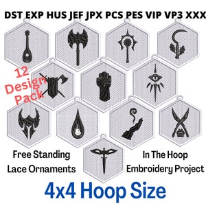 May include: A collection of 12 embroidered lace ornaments in a hexagonal shape, each featuring a different design. The designs include a lute, axe, symbol, and more. The text reads "12 Design Pack", "Free Standing Lace Ornaments", "In The Hoop Embroidery Project", and "4x4 Hoop Size".