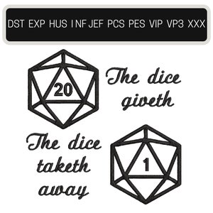 Könnte beinhalten: Schwarz-weiß-Illustration von zwei zwanzigseitigen Würfeln mit dem Text "The dice giveth" und "The dice taketh away".