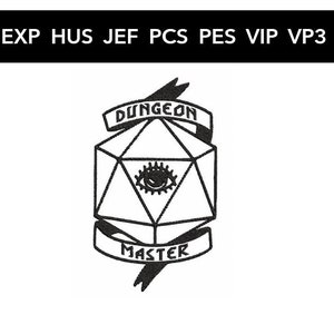 Puede incluir: Ilustración en blanco y negro de un dado de veinte caras con un ojo en el centro. El dado está rodeado de una pancarta que dice "Dungeon Master".