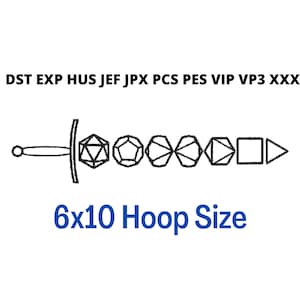 Monchrome D&D Dice Sword Machine Embroidery Design 6x10 Hoop | Instant Download
