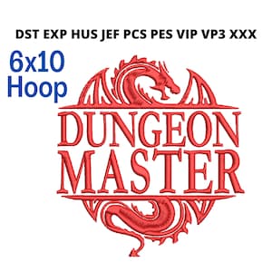 Può includere: Ricamo rosso di un drago con il testo "Dungeon Master" in un cerchio da 6x10.