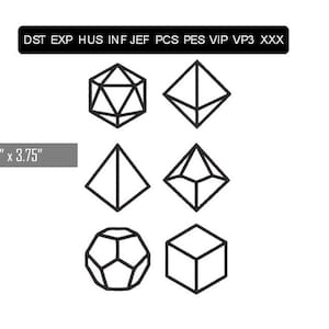 Puede incluir: Un conjunto de seis formas geométricas, que incluyen un cubo, una pirámide y un dodecaedro. Las formas están delineadas en negro y están dispuestas en dos filas de tres. La imagen incluye el texto "DST EXP HUS INF JEF PCS PES VIP VP3 XXX" y "6" x 3.75".