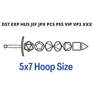Könnte beinhalten: Schwarz-weiße Strichzeichnung eines Schwertes mit verschiedenen geometrischen Formen, die Würfel darstellen. Der Text "5x7 Hoop Size" steht unter dem Schwert. Oberhalb des Schwertes befinden sich Dateiformat-Abkürzungen.