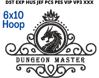 Dungeon Master Drache und Krone D & D Embroidery Design, 6x10 Stickrahmen Größe Sofort Download