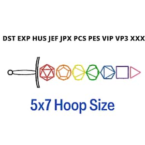 Rainbow D&D Dice Sword Machine Embroidery Design 5x7 Hoop | Instant Download