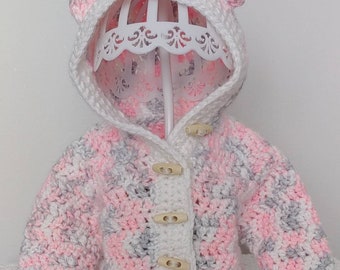 Baby Hoodie Sweater with Bear Ears/ 0-6 month - 6-12 month/ Button up Baby Sweater/ Crochet Baby Sweater/ Baby Girl Gift.