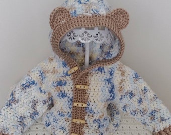 Baby Hoodie Sweater with Bear Ears/6-12 months/ Button up Baby Sweater/ Crochet Baby Sweater/ Baby Boy Gift.