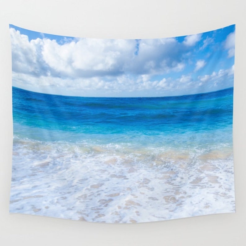 Hawaiian Ocean Wall Tapestry Beach Blue Turquoise Teal Wave Sea Hanging Decor Grommets Coastal