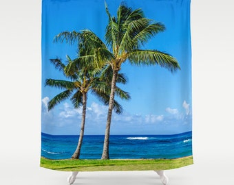 Palmen Duschvorhang - tropischer hawaiianischer Strand - Palmenbad - Blau - Ozean - Welle - Hawaii-Duschvorhang, Wohnkultur - 71x74 inch