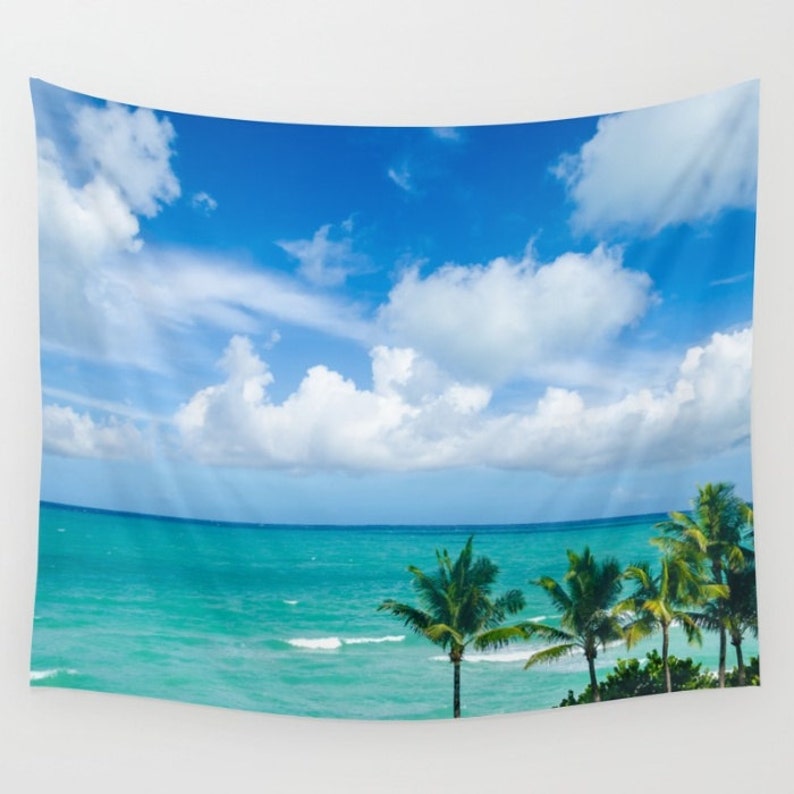 Palm Trees Wall Tapestry Beach Miami Florida Ocean Blue Sky Hanging Decor Grommets Coastal Style Large Size