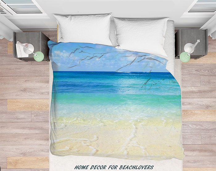 Light blue Ocean Duvet Cover Hawaii sea coastal Scandinavian style Bedroom Accent Water Bedding Cover Beach wave aqua white