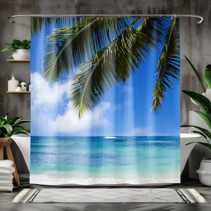 Hawaiian beach Shower Curtain/beach bathroom decor/ocean shower curtain/Palm leaves art shower curtain/housewarming gift/bath mat
