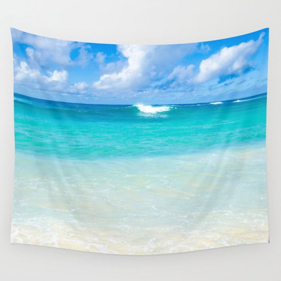 Tropical Ocean Wall Tapestry Beach Blue Turquoise Wave Sea Hanging Decor Grommets Coastal Style