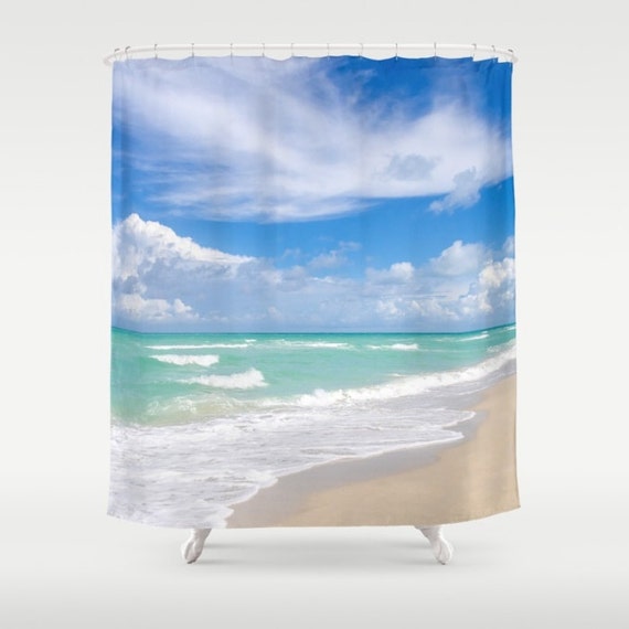 Miami Tropical Beach Shower Curtain Blue Sky Ocean Bathroom Wave Sea Water Beautiful Clouds Bath Decor 71x74 Inch